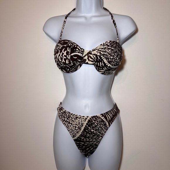 VTG 1990s CARABELLA Tropical / Shell Print Halter Bikini BROWN-CREAM / SIZE 8 - Picture 1 of 15
